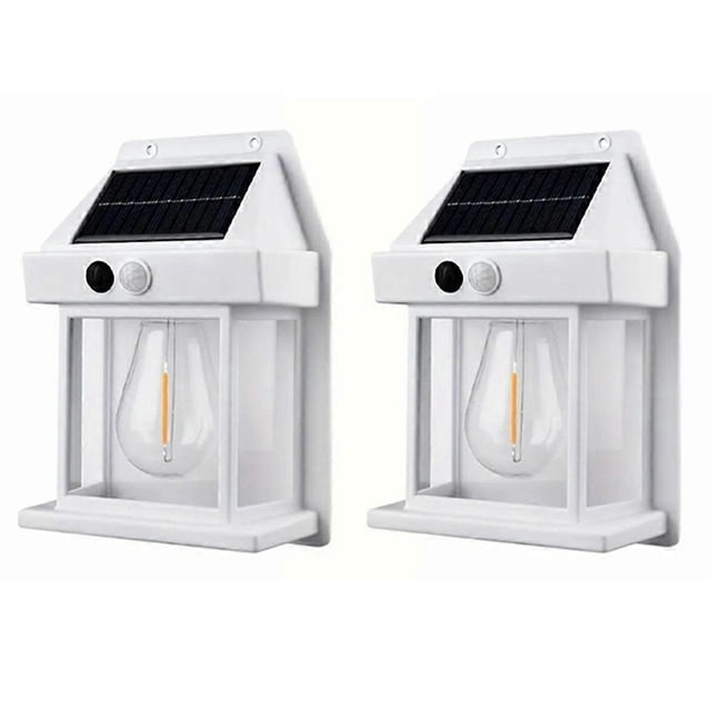 2Pcs Solar Powered Filament Bulb Wall Light Outdoor Garden Motion Sensor Waterproof Lamp - Black