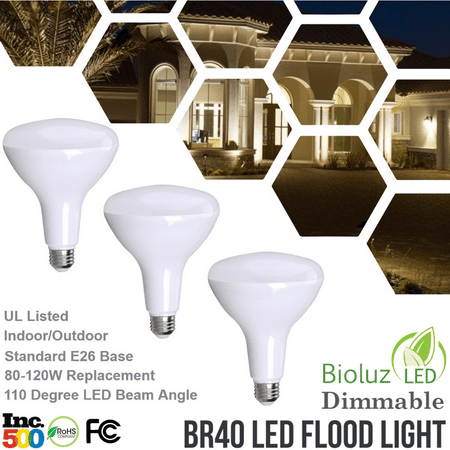 

Bioluz LED BR40 LED Bulbs 90 CRI 100W and 120W Replacement Dimmable Flood Light Bulbs 90 CRI + Outdoor / Indoor CEC Title 20 UL Listed Title 20 Certified