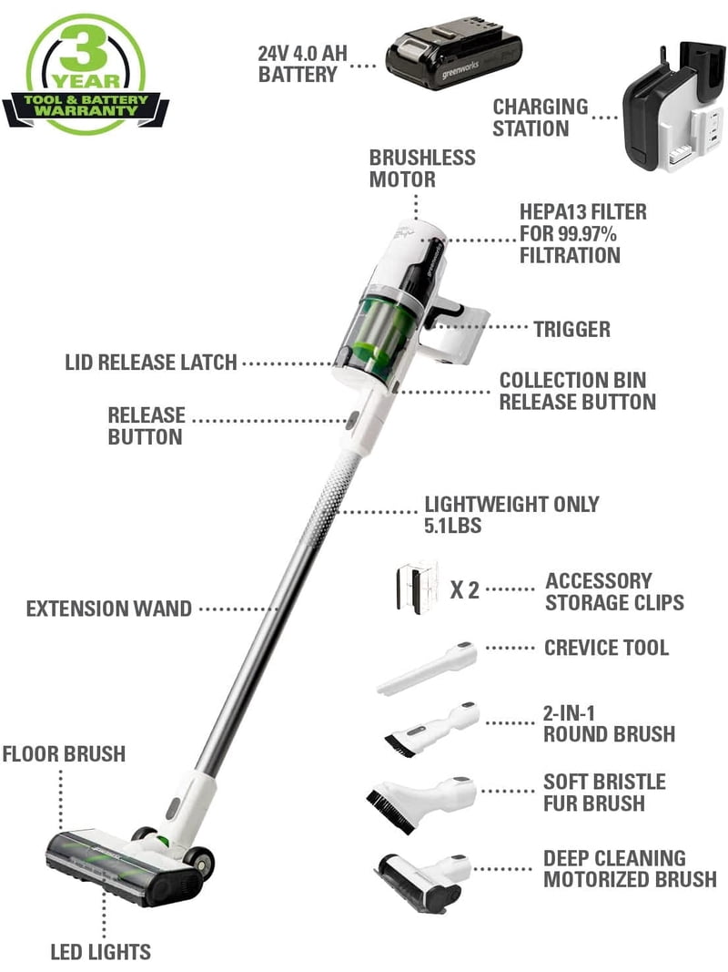 Greenworks, Cordless Stick Vacuum, 24V Deluxe Brushless, White