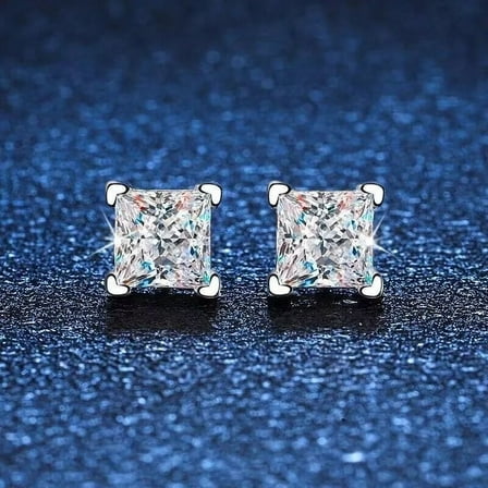 "Men’s 6MM Princess Cut Moissanite Stud Earrings | 14K White Gold Plated Silver | Stylish & Durable"