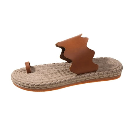 

DVKOVI Ladies Solid Summer Slide Shoe Leather Single Toe Pullover Slipper Grass Woven Sole Sandal Flat Thick Sole Slippers 6.5 to 9 Size
