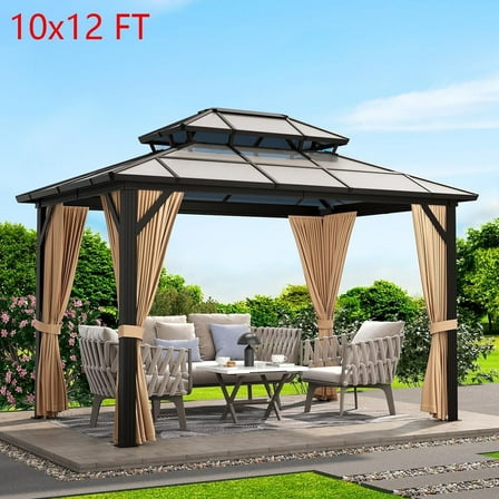 Emorefun 10x12 FT Hardtop Gazebo Outdoor Double Roof Canopy with Curtains & Netting Brown