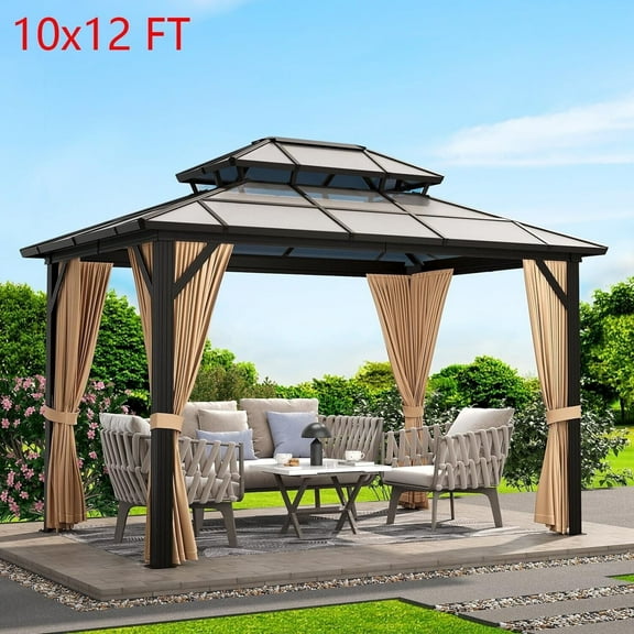 Emorefun 10x12 FT Hardtop Gazebo Outdoor Double Roof Canopy with Curtains & Netting Brown
