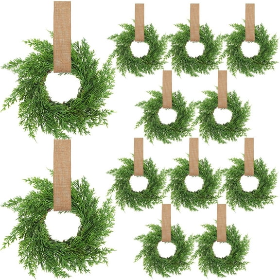 Guvpev 12 Pcs Mini Christmas Cabinet Wreaths 7.87 Inch with Ribbon, Farmhouse Wreath Decorations for Table Centerpiece, Chair Backs, Wall, Windows, Front Door Holiday Xmas Home Decor(Burlap Color)