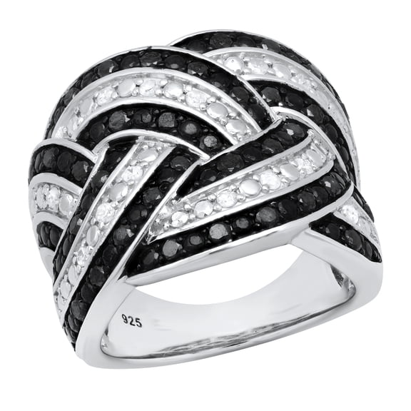 Dazzlingrock Collection 1.00 Carat (ctw) Round Black & White Diamond Bridal Swirl Ribbon Right Hand Ring for Women in 925 Sterling Silver, Size 5.5