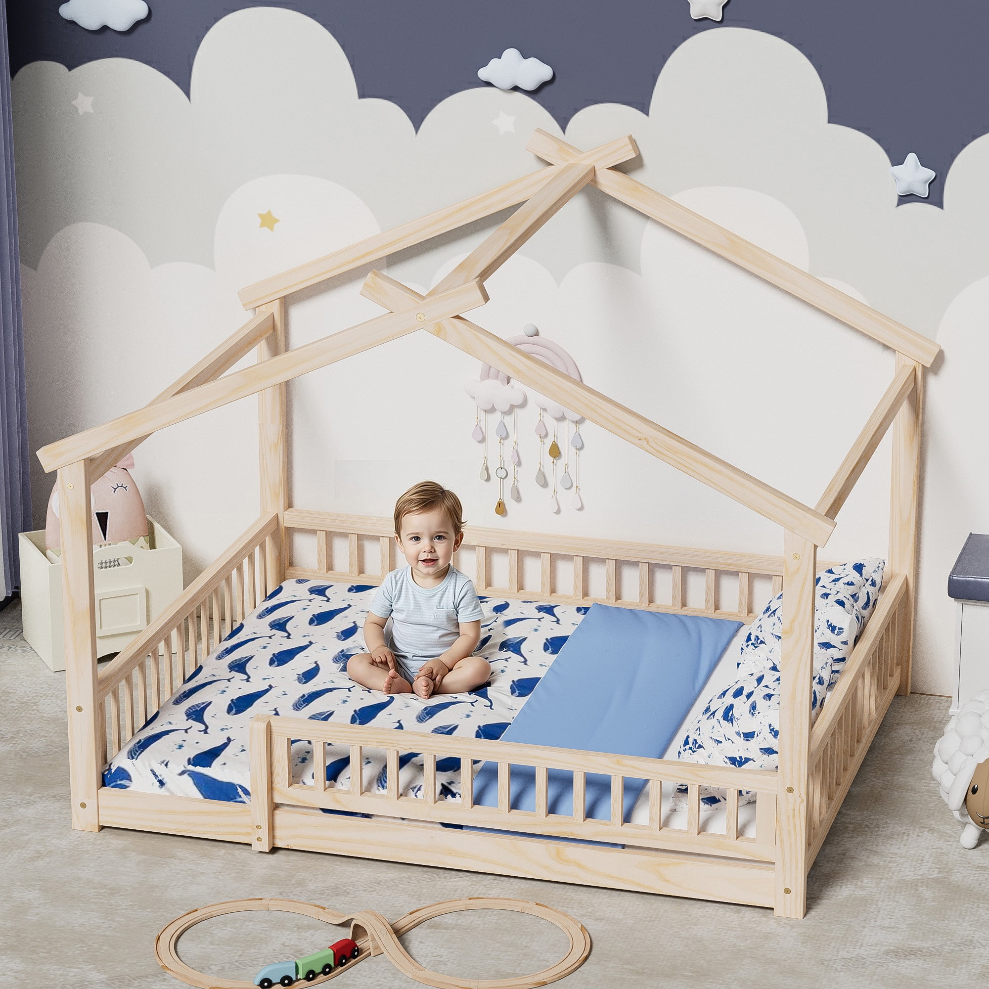 Full Size Floor Bed with Fence, Wood House Bed with Roof, Montessori Bed Frame Playhouse Bed for Girls and Boys Bedroom, Easy Assembly, Natural
