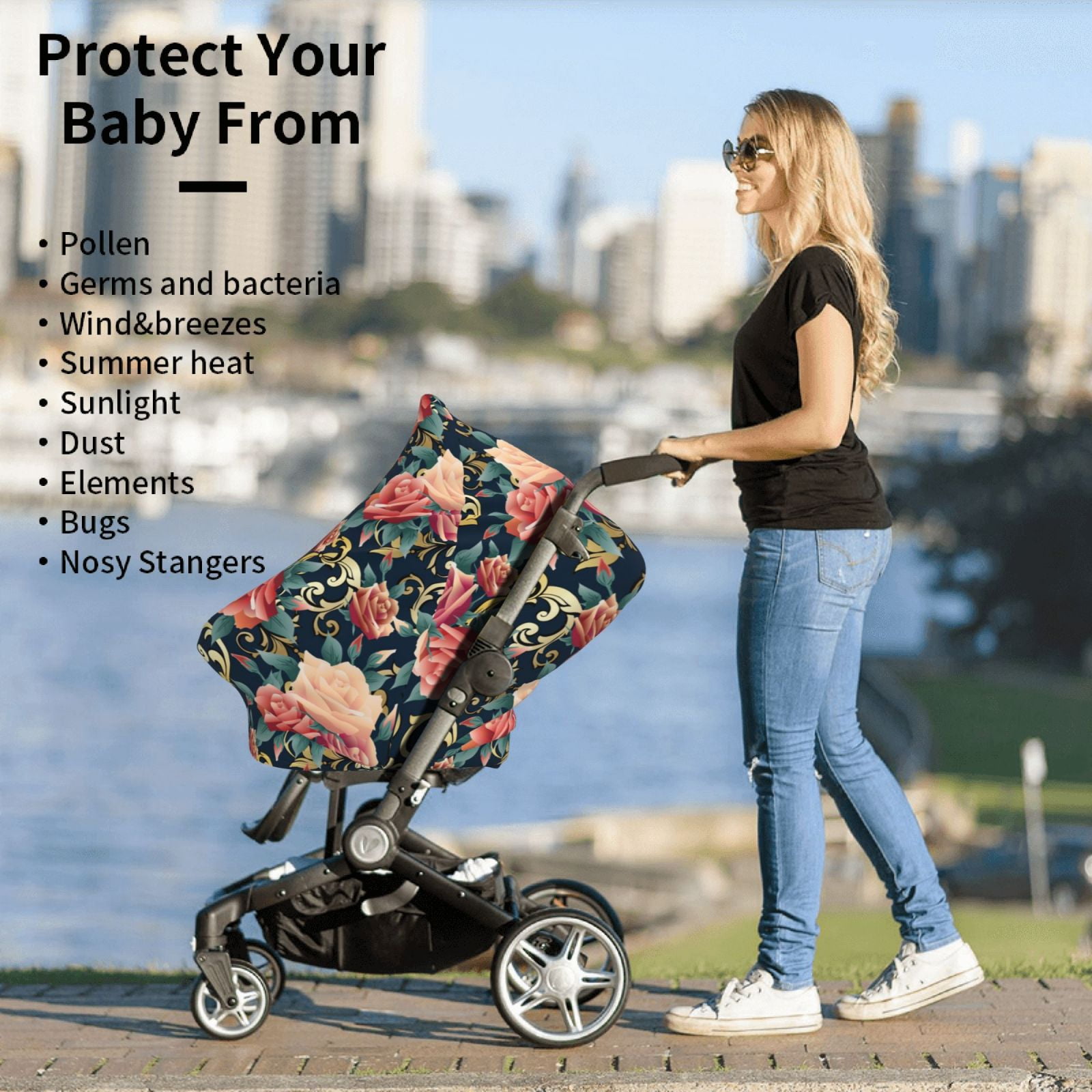 Fotbe Rose Flowers Pattern Car Seat Covers for Babies, Nursing Breastfeeding Cover Infant Carseat Canopy, Soft Stretchy Carrier Cover