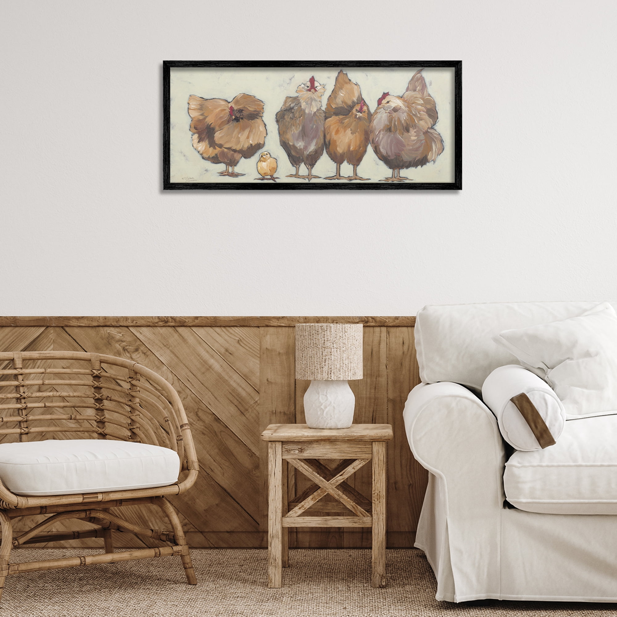 Stupell Industries Brown Hens and Chick Animals & Insects Painting Black Framed Art Print Wall Art, 30 x 13