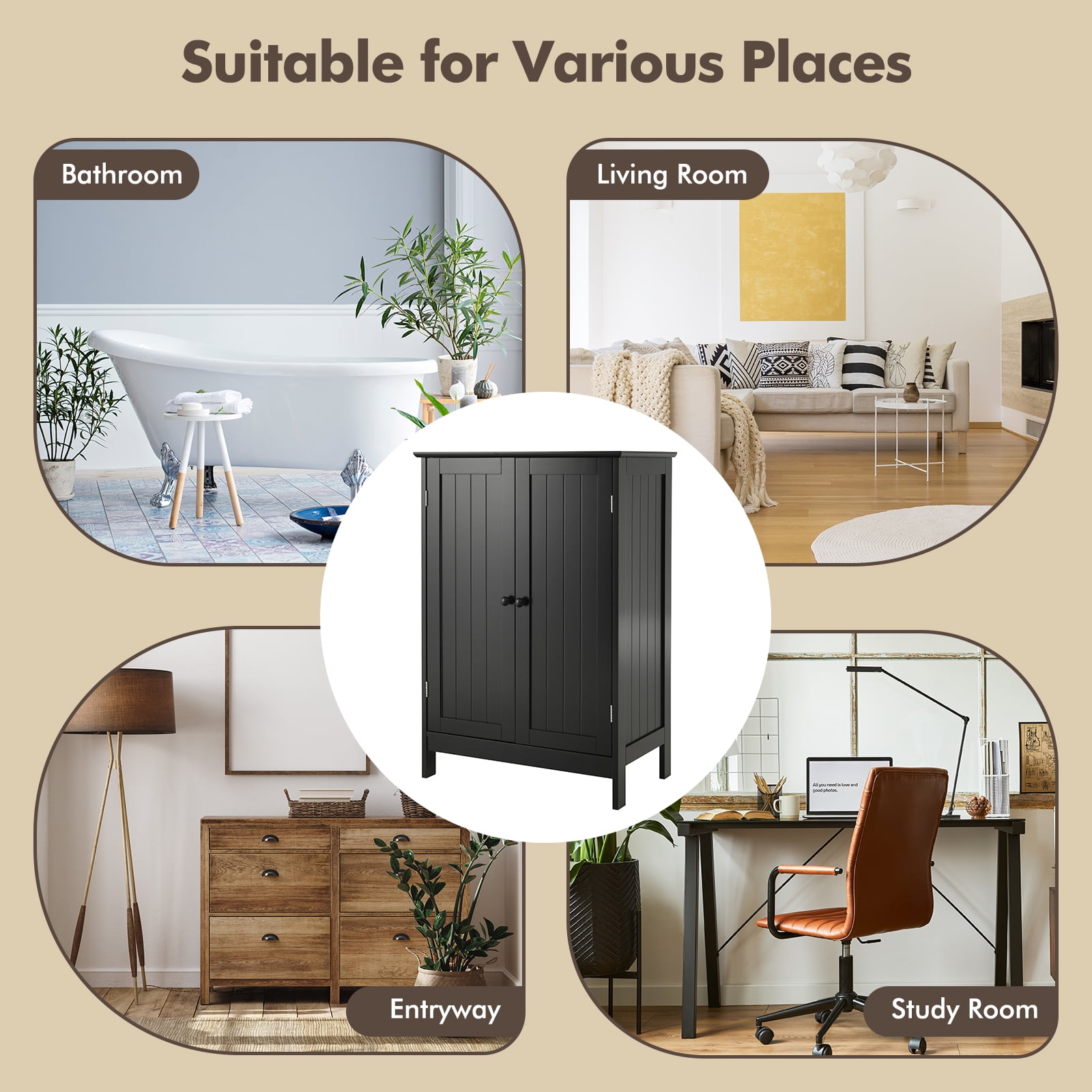 Topbuy Bathroom Storage Cabinet Freestanding Display Storage Organizer Cabinet w/ Double Doors Modern 3-Tier Floor Cabinet