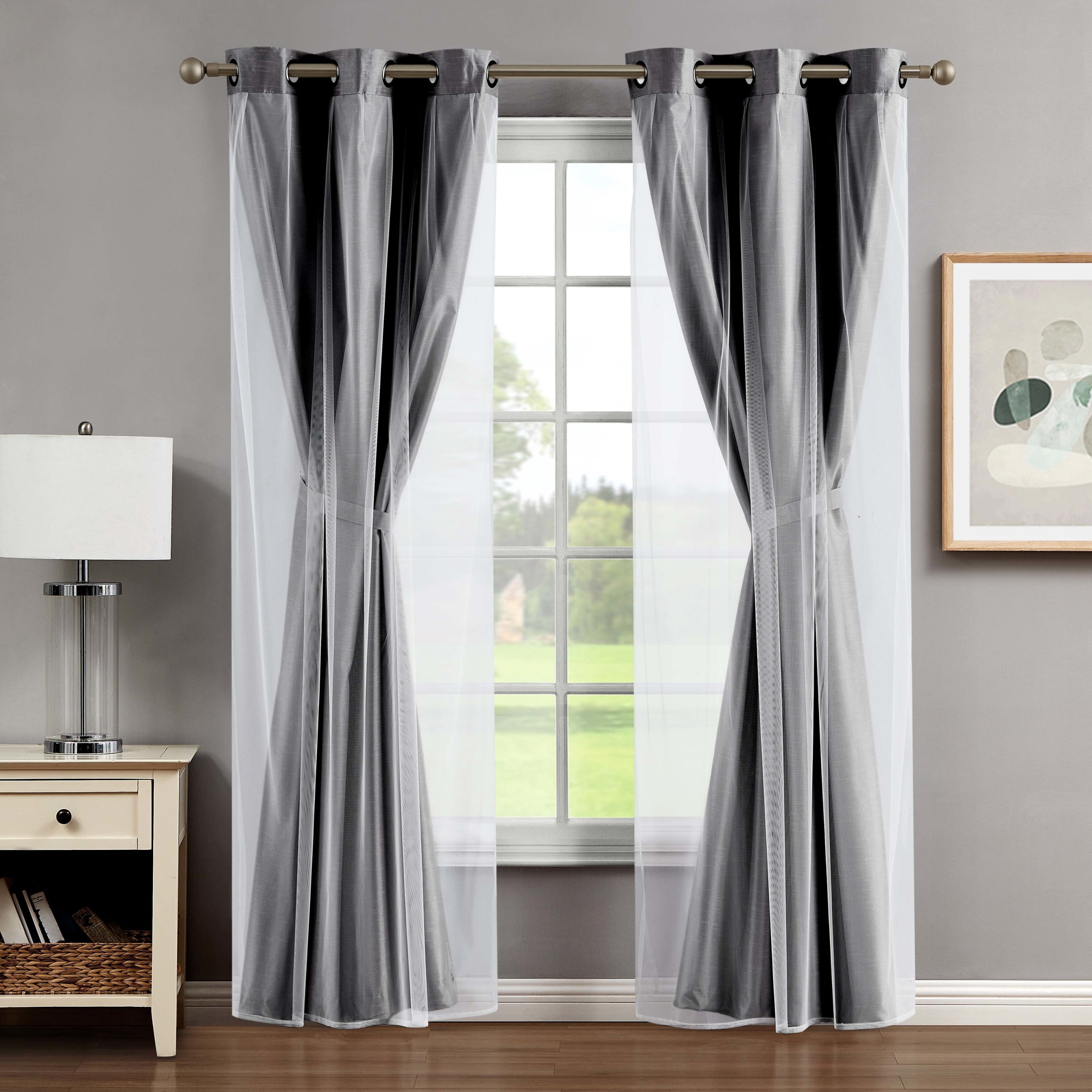 Augusta Blackout Window Curtain Panels and Tiebacks, Faux Silk with Sheer Overlay, Grommet, Charcoal Grey, 38" x 84"