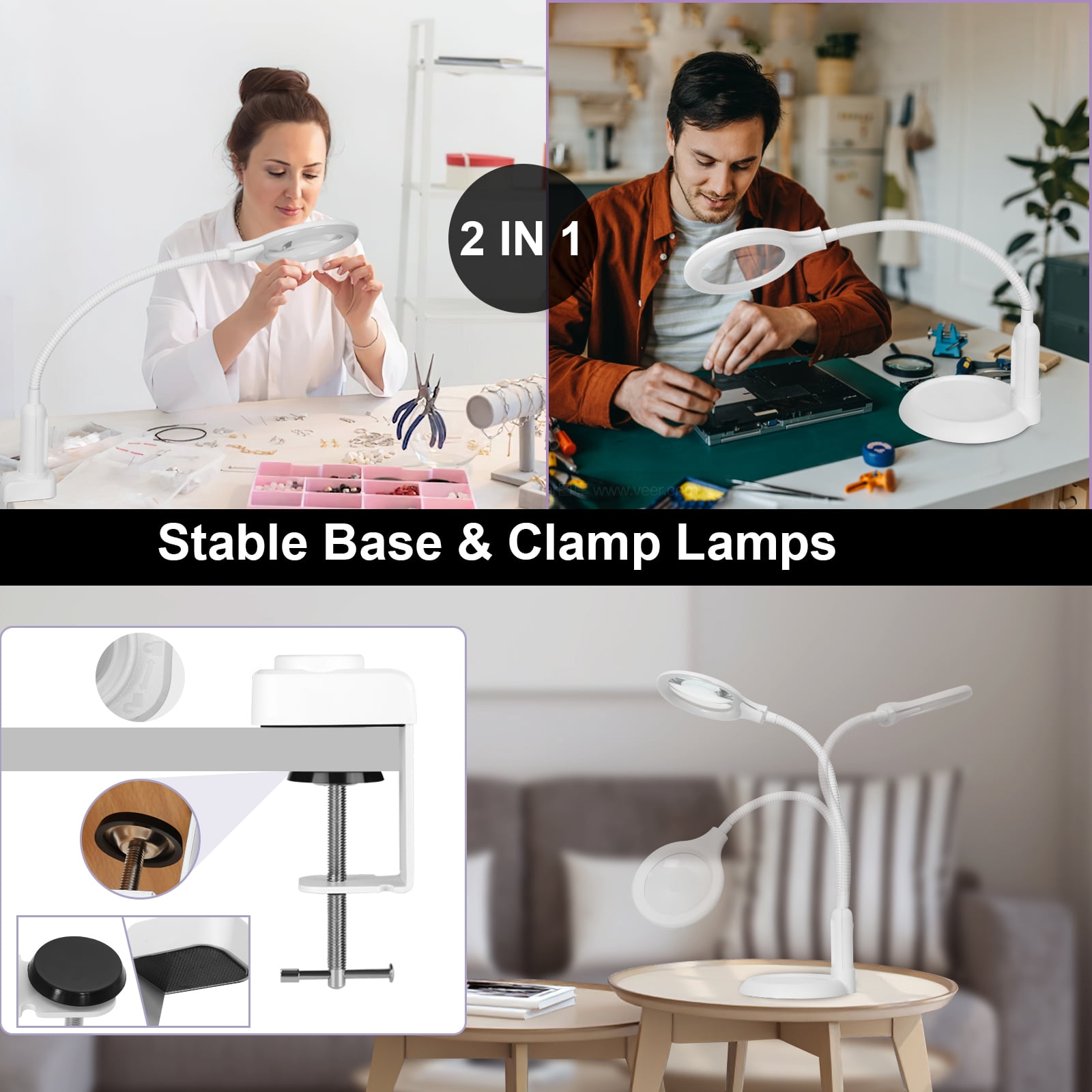 MagnieOpti Lighted Magnifying Glass with Clamp & Stand ,5 Color Modes Stepless Dimming, Hands-Free Flexible Gooseneck LED Lamp  for Craft Reading Repair