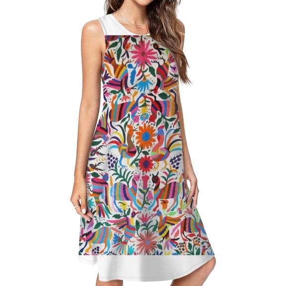 Otomi Fabric Mexico Art Spring Summer Dresses For Women Fashion Dress Casual Sleeveless Loose Sundress With Pockets
