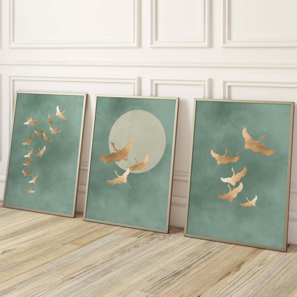 Set of 3 Prints Sage Green Cranes Wall Art Gold Birds Full Moon Poster Painting Pictures Minimalist Canvas Artwork for Living Room Bedroom Decor With Inner Frame