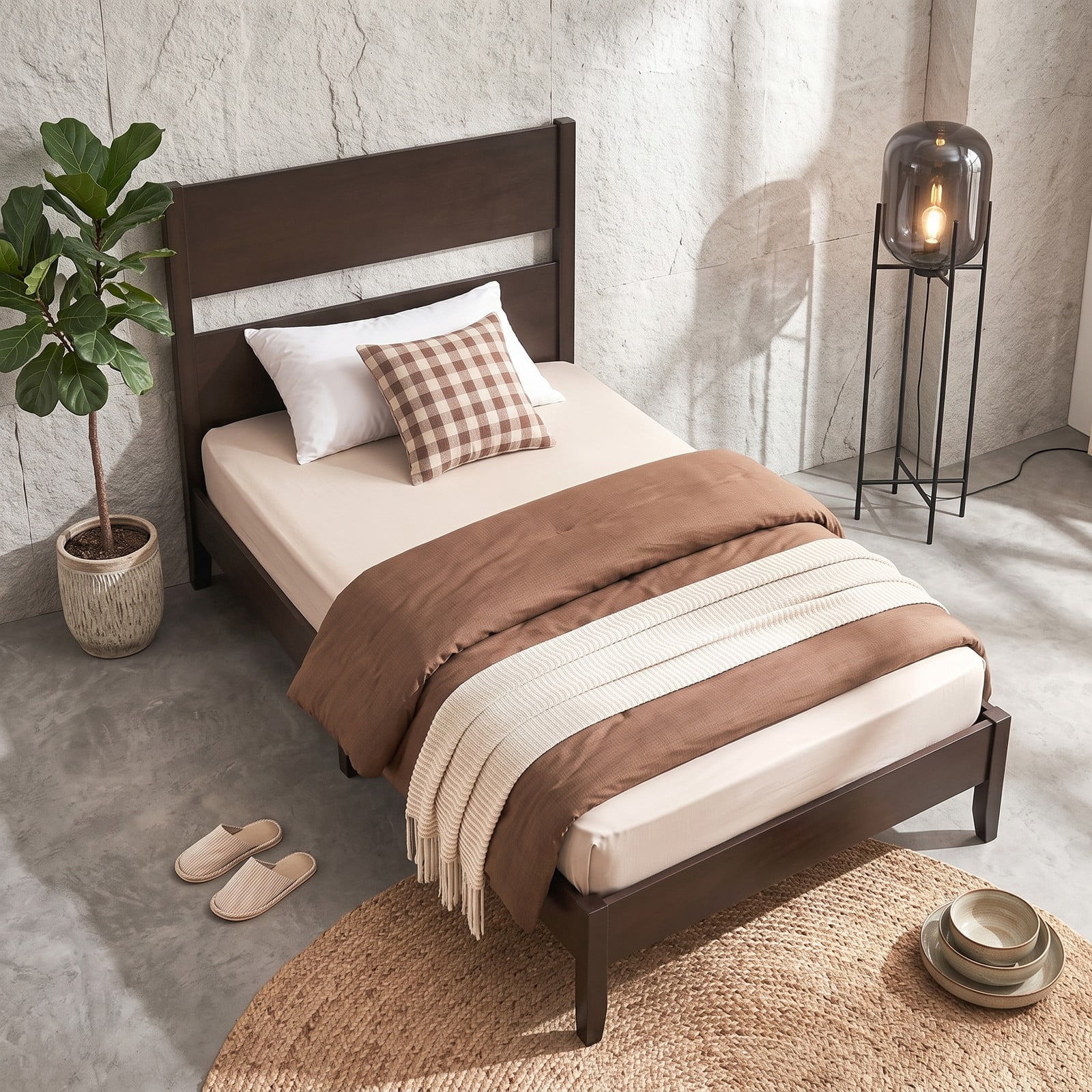 Furnibear Twin Bed Frame Wooden Bed Frame with Plank Headboard and 12 Slat Support for Bedroom and Guest Room, Dark Walnut