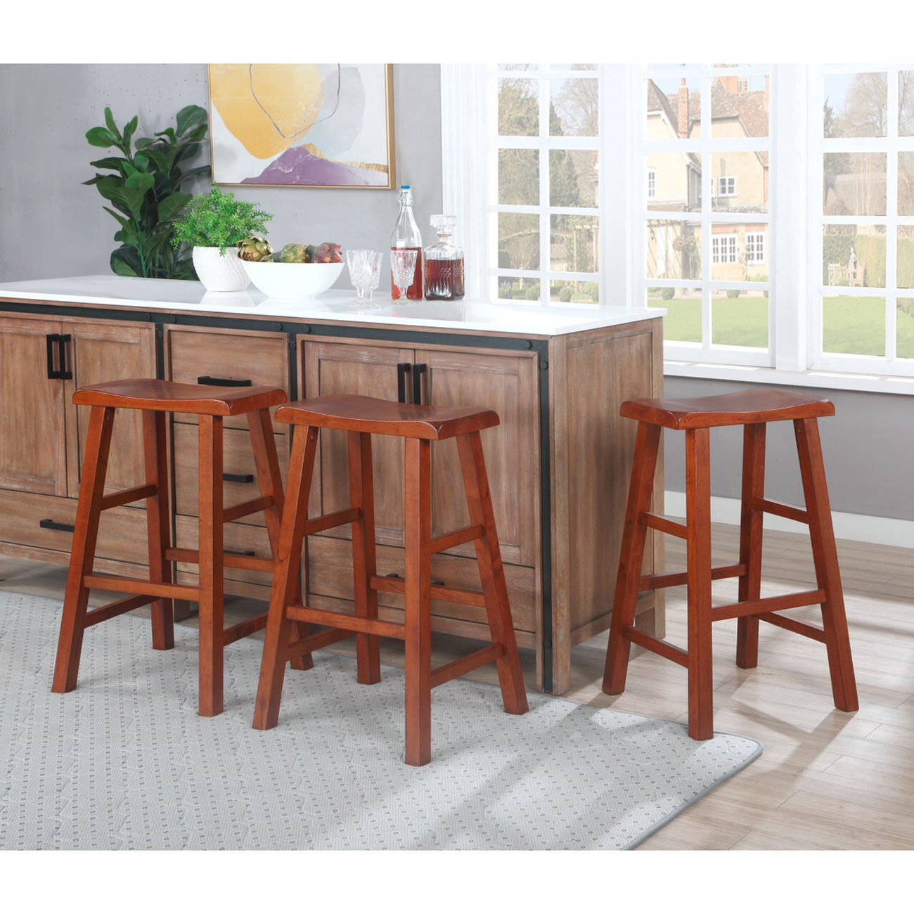 eHemco Heavy-Duty Solid Wood Saddle Seat Kitchen Counter Barstools, 29 Inches, Dark Oak, Set of 3 - image 5 of 6