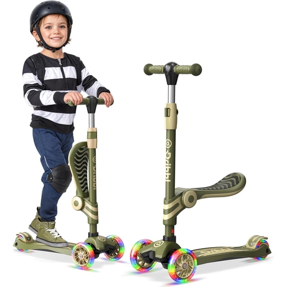 Dribbl 3-Wheel Kids Scooter with Seat, Light-Up Wheels, Adjustable Handlebar, Wide Deck & Rear Brake, Ages 2