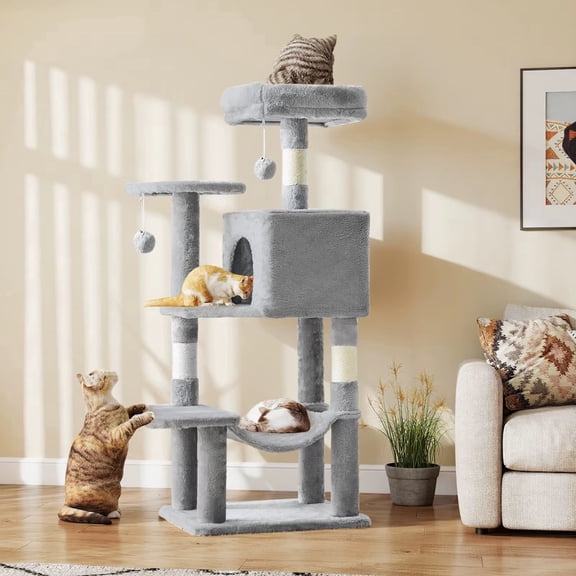 44in Cat Tree Multi-Level Climbing Tower with Sisal Scratching Posts, Cozy Cat Condo, Hammock and Dangling Toy for Indoor Cats, Light Grey