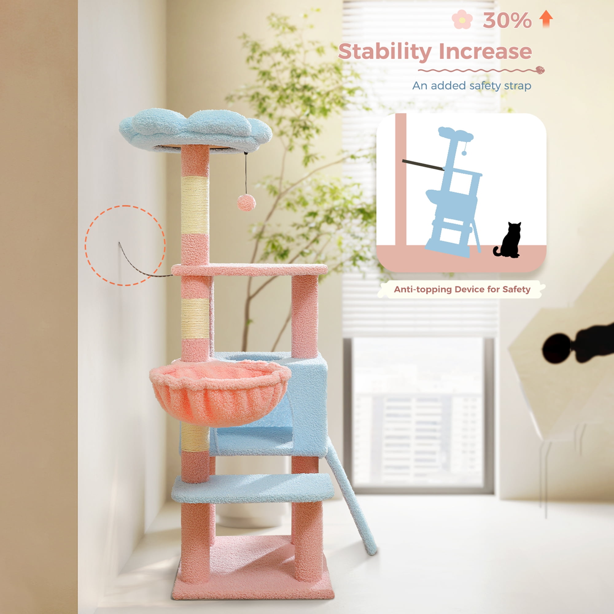 Kadyn 47" Flower Cat Tree Tower for Indoor Cats, Cat Condo with Pink Top Perch for Kittens, Cat Tree House with Sisal Scratching Posts, Blue