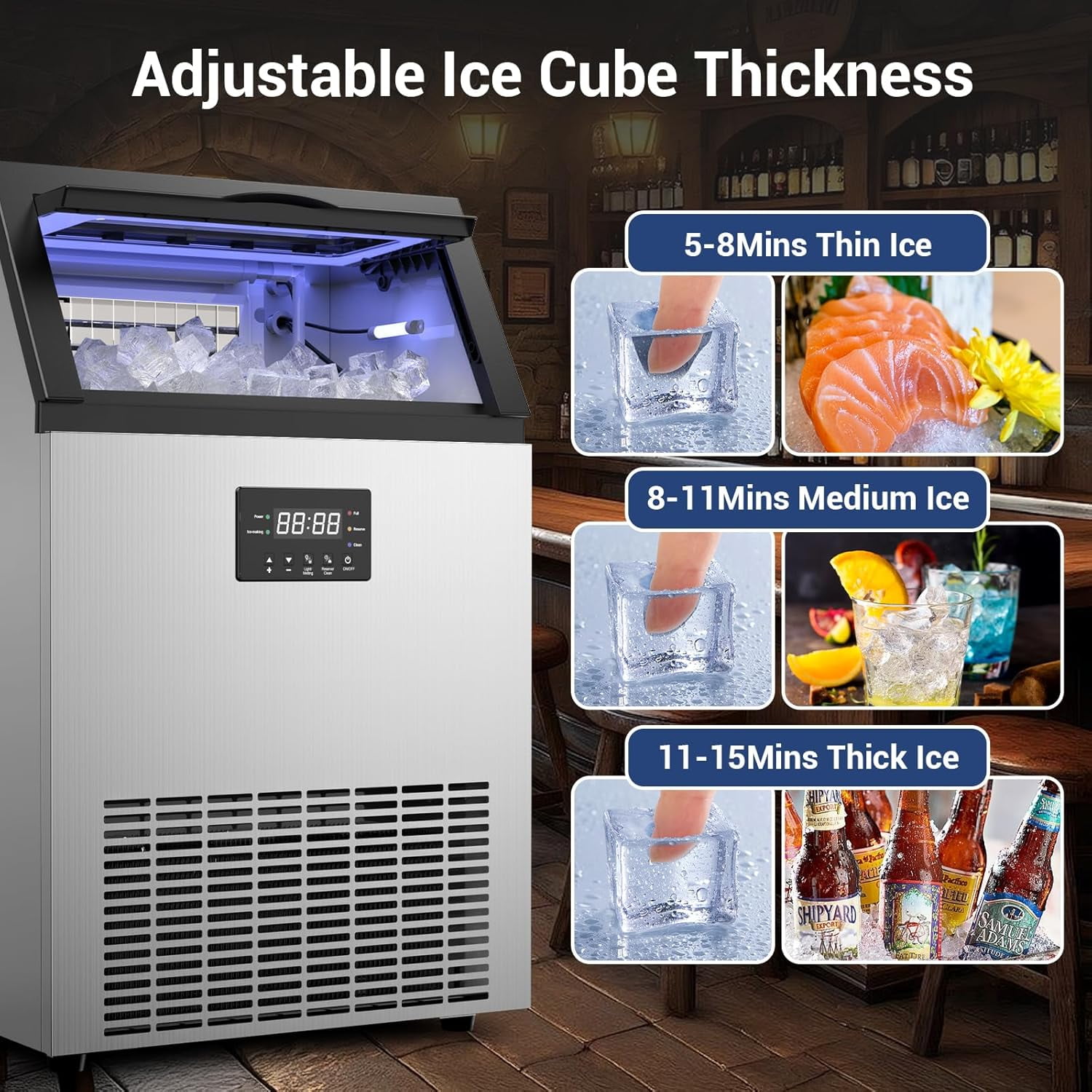 High-Volume Commercial Ice Maker - 165Lbs/24H Output, 45Lbs Storage Bin, 5-15 Minute Ice Ready, Stainless Steel with Water Line Hookup & 12 Thickness Settings