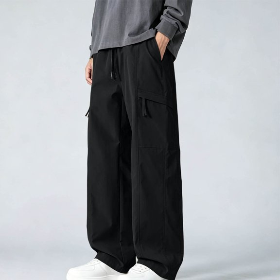 Aimik Men's Oversized Cargo Pants with Drawstring Waist and Flap Pockets Loose Straight Leg Outdoor Trousers for Streetwear