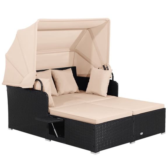 Biotree Patio Rattan Daybed with Retractable Canopy and Side Tables Outdoor Conversation Set for Garden Backyard Porch, Beige