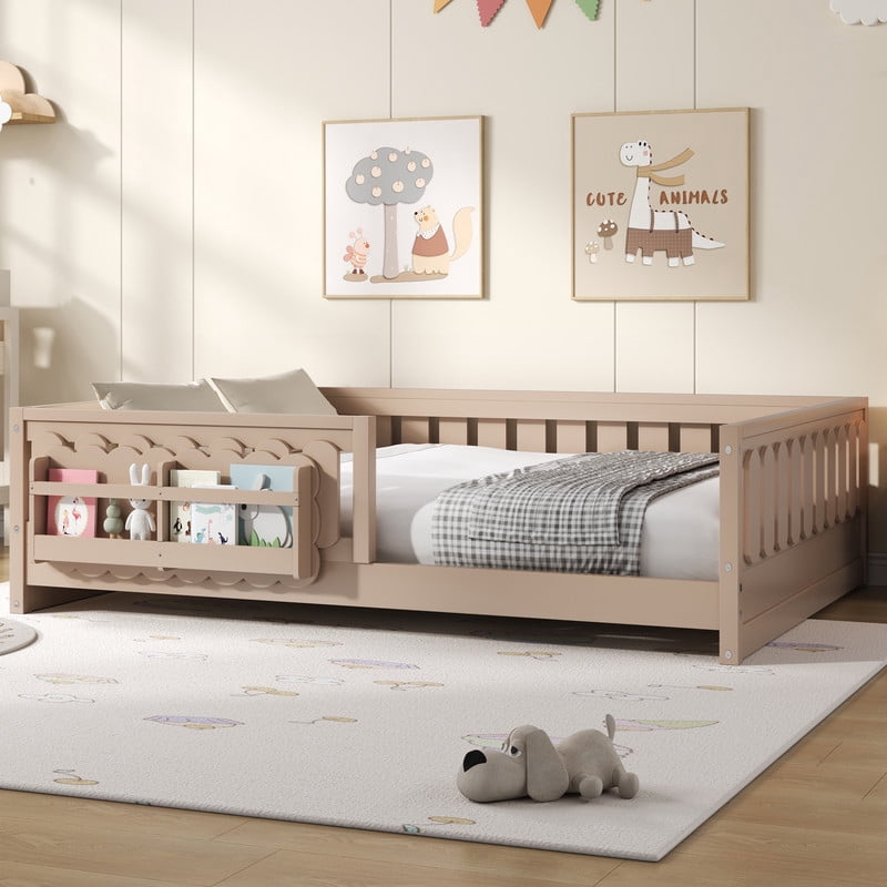 Mirightone Wood Full Size Floor Bed with Rails and Slats, Montessori Bed with Storage Shelves, Low Floor Bed Frame Full Size - Natural