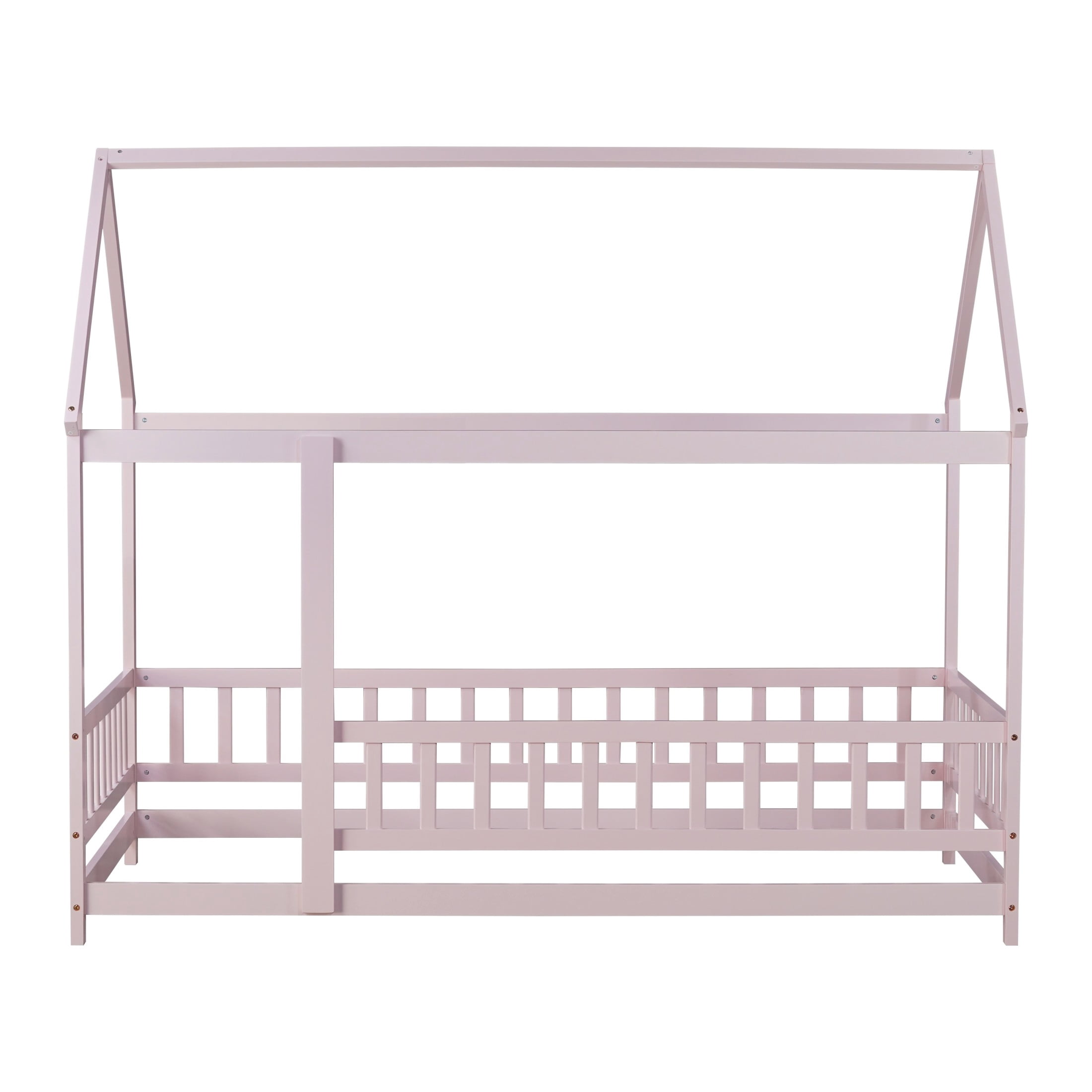 Noble House Travis Twin House Floor Bed with Roof Frame and Safety Fence, Sturdy Wood Montessori Bed, Pink