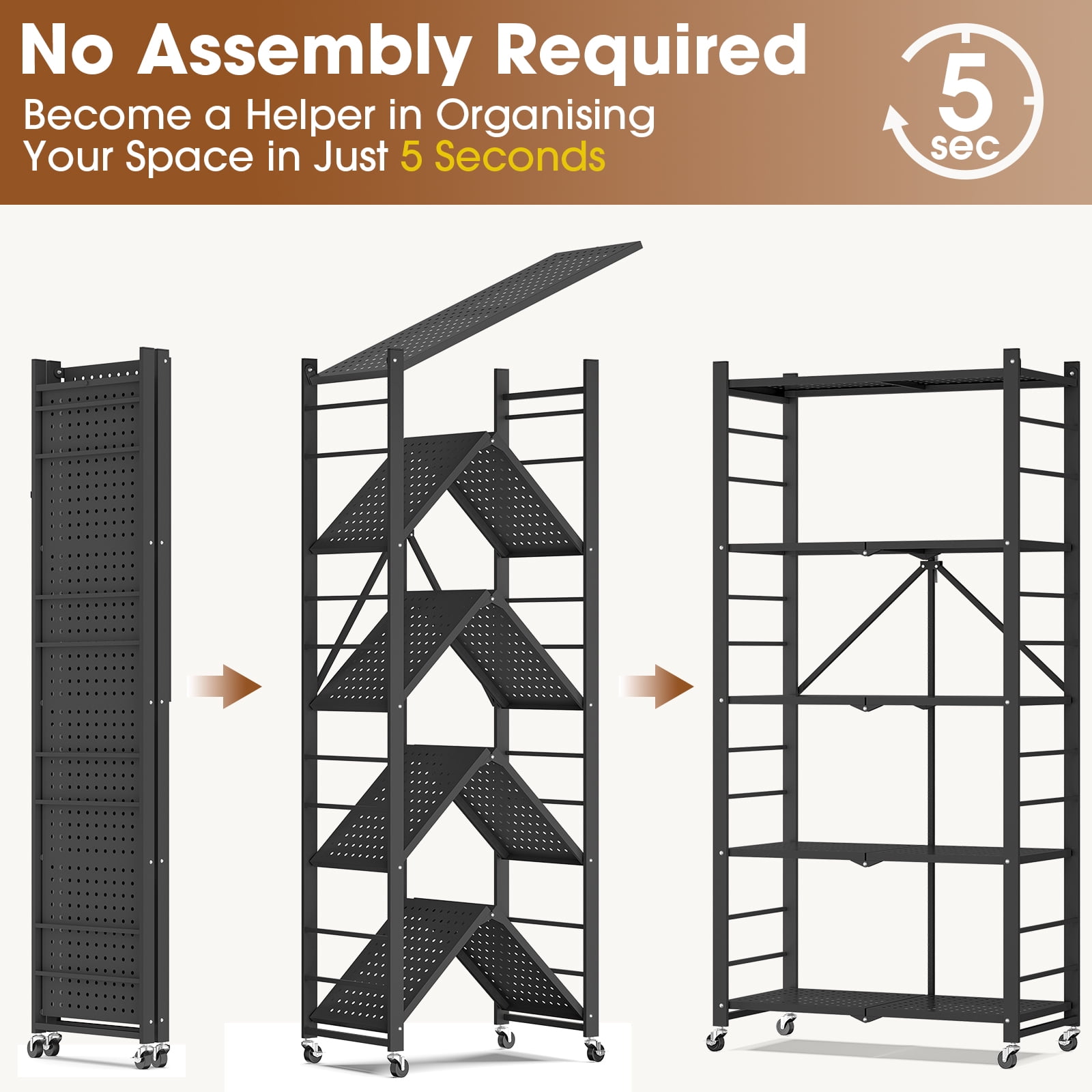 Vebreda 5-Tier Heavy Duty Foldable Metal Storage Shelf with 3 Hooks, Kitchen Organizer Rack, Black
