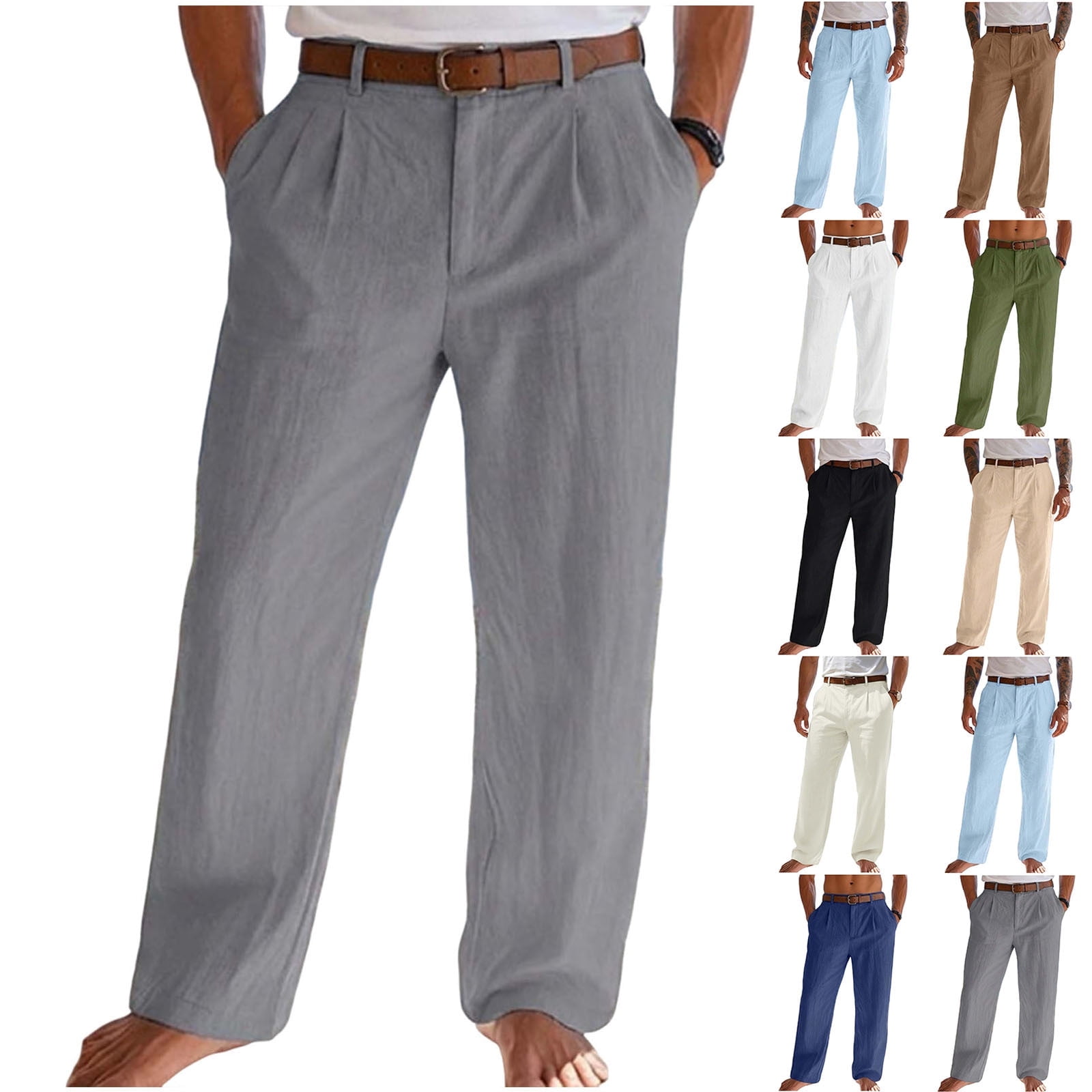 WIZUTIZ Mens Cotton Linen Dress Pants Lightweight Relaxed Fit Pleated Slacks Summer Fall Straight Leg Beach Yoga Trousers