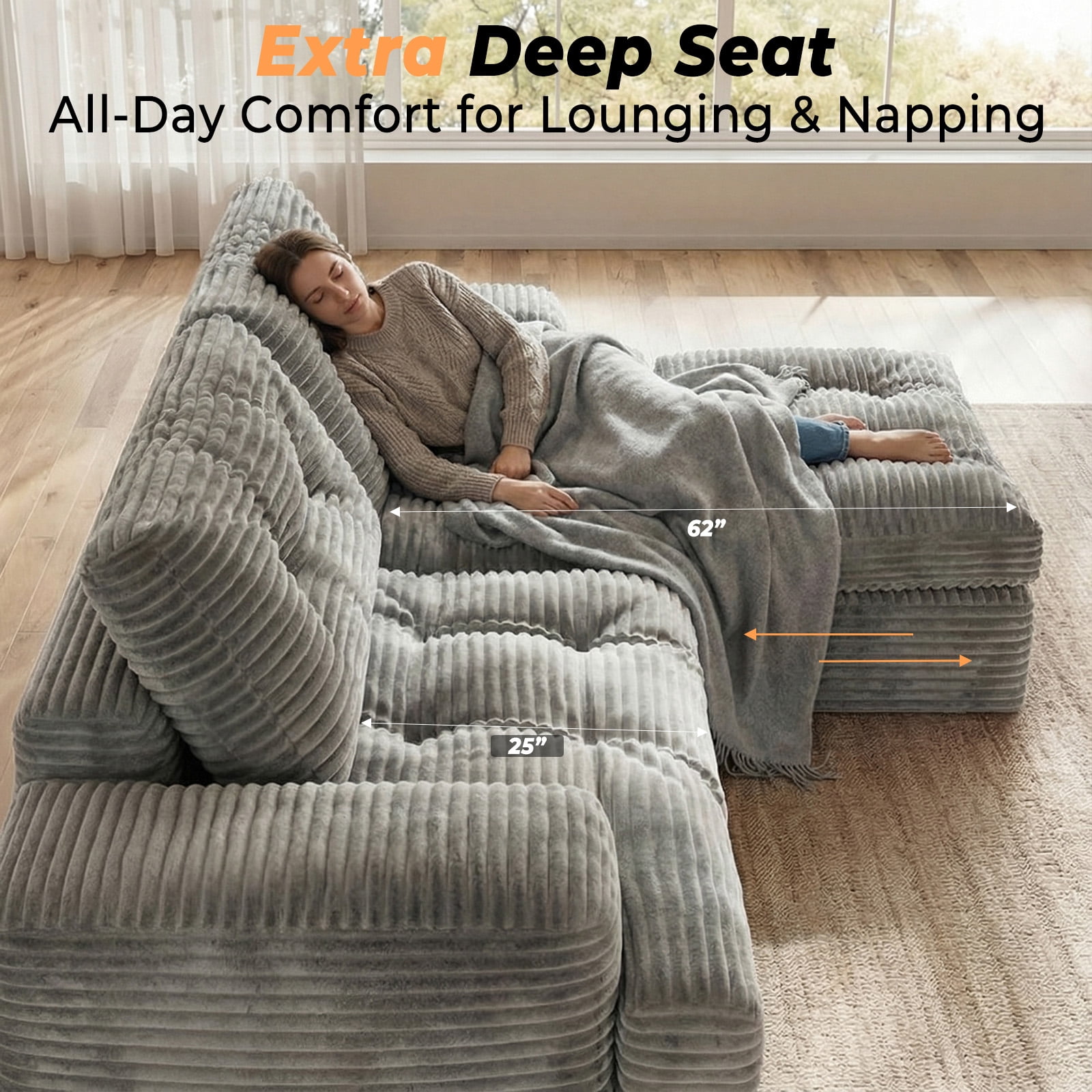85" Modular Sectional Sofa for Living Room, L-Shaped Corduroy Cloud Couch with Ottoman, Two-Layer Cushion, No Assembly Boneless Sofa, Gray