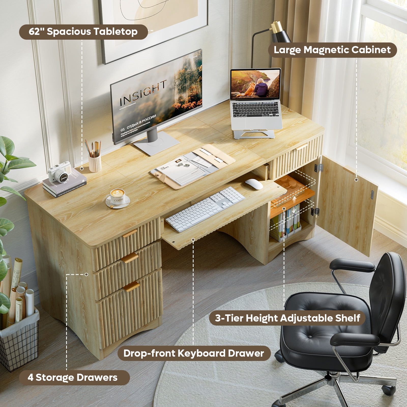 Bestier 63" Executive Desk with Keyboard Tray, Modern Home Office Desk with 4 Drawers & 1 Large Cabinet, Fluted Computer Writing Desk for Study, Living Room, Bedroom, Oak