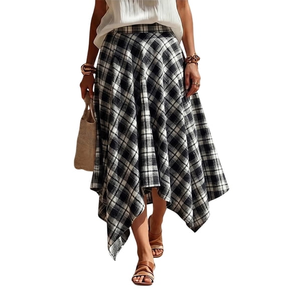 Dpjklzsn Women's Plaid Asymmetrical Midi Skirt, High Waisted Flowy A-Line Handkerchief Skirt