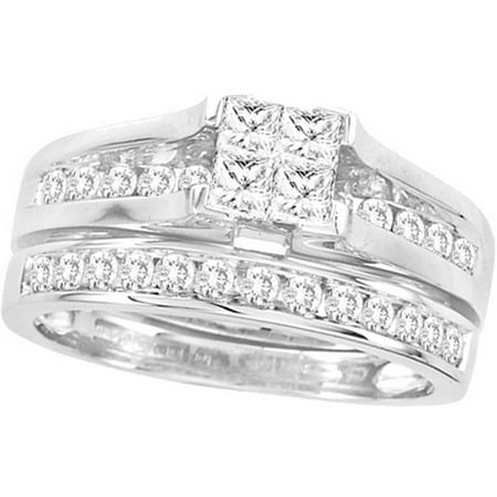 Diamond Palladium Engagement Setting - Size - 7 - Solid 14k White Gold Princess Cut Round White Diamond Bridal Square Shape Solitaire Bridge setting Engagement Ring with Matching Wedding Band (1.5 cttw)