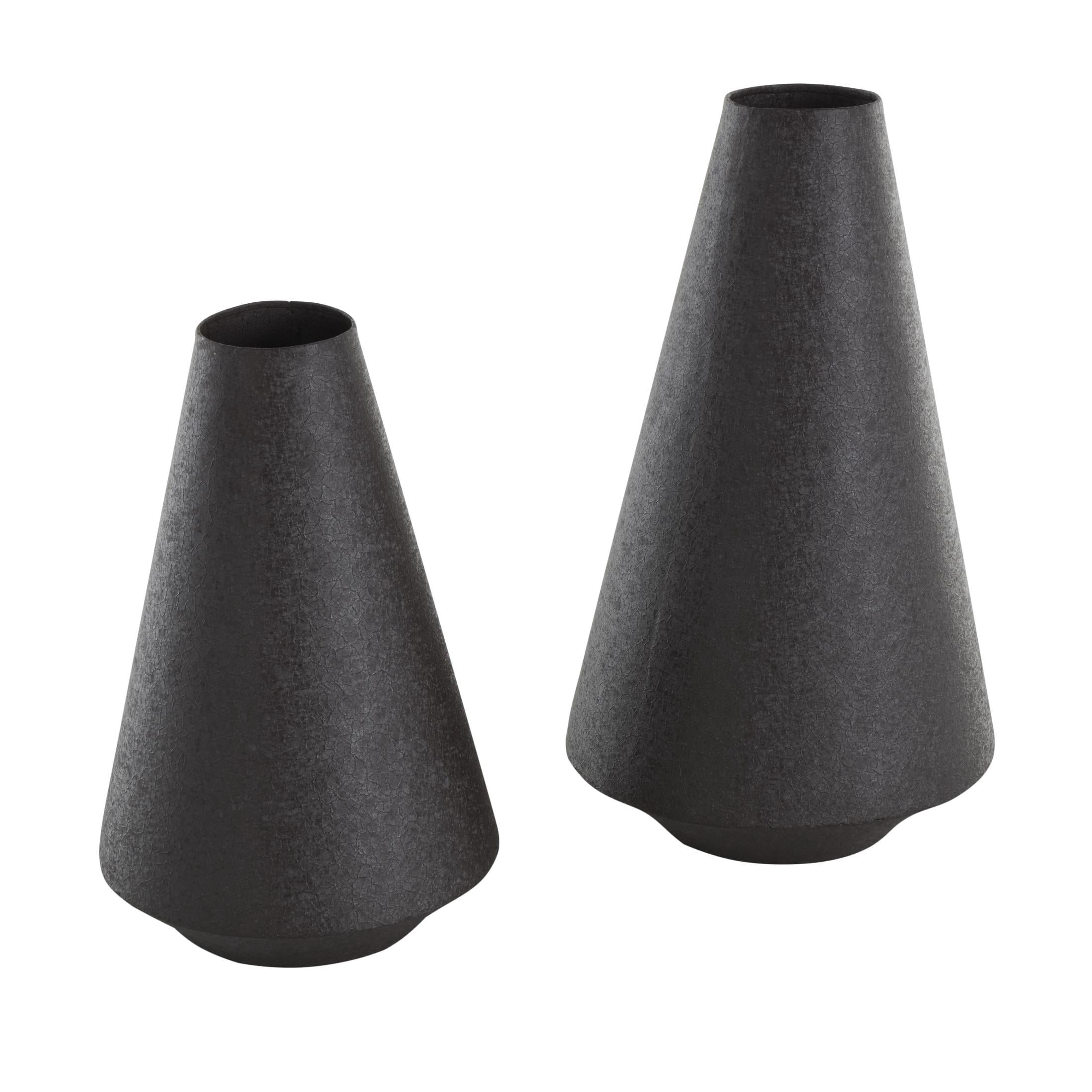 DecMode 14", 11"H Textured Cone Black Metal Vase, Set of 2