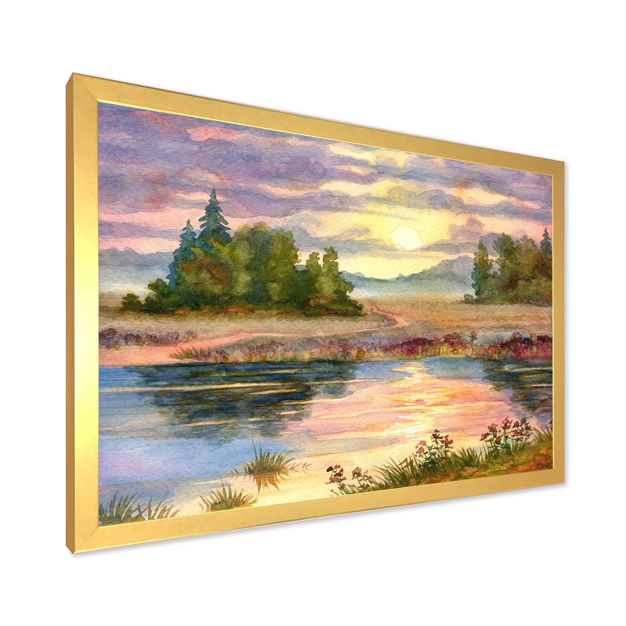 Designart 'The Rural Lake In Sunset Evening I' Traditional Framed Art Print