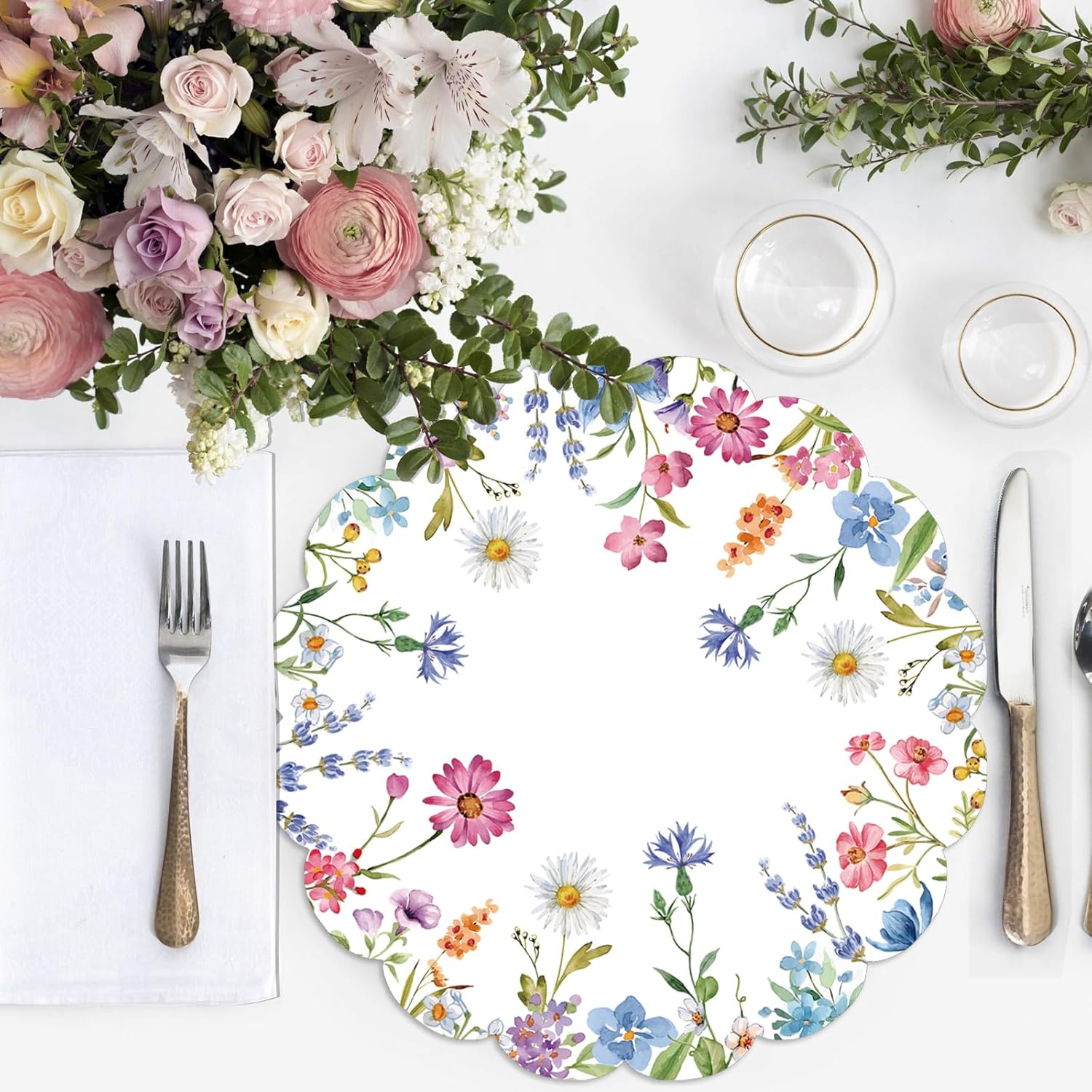 BAN 50Pcs Floral Round Paper Placemats,13.4 Inch Wildflower Disposable Place Mats Summer Scalloped Table Mats for Kitchen Dining Birthday Banquet Wedding Party Supplies