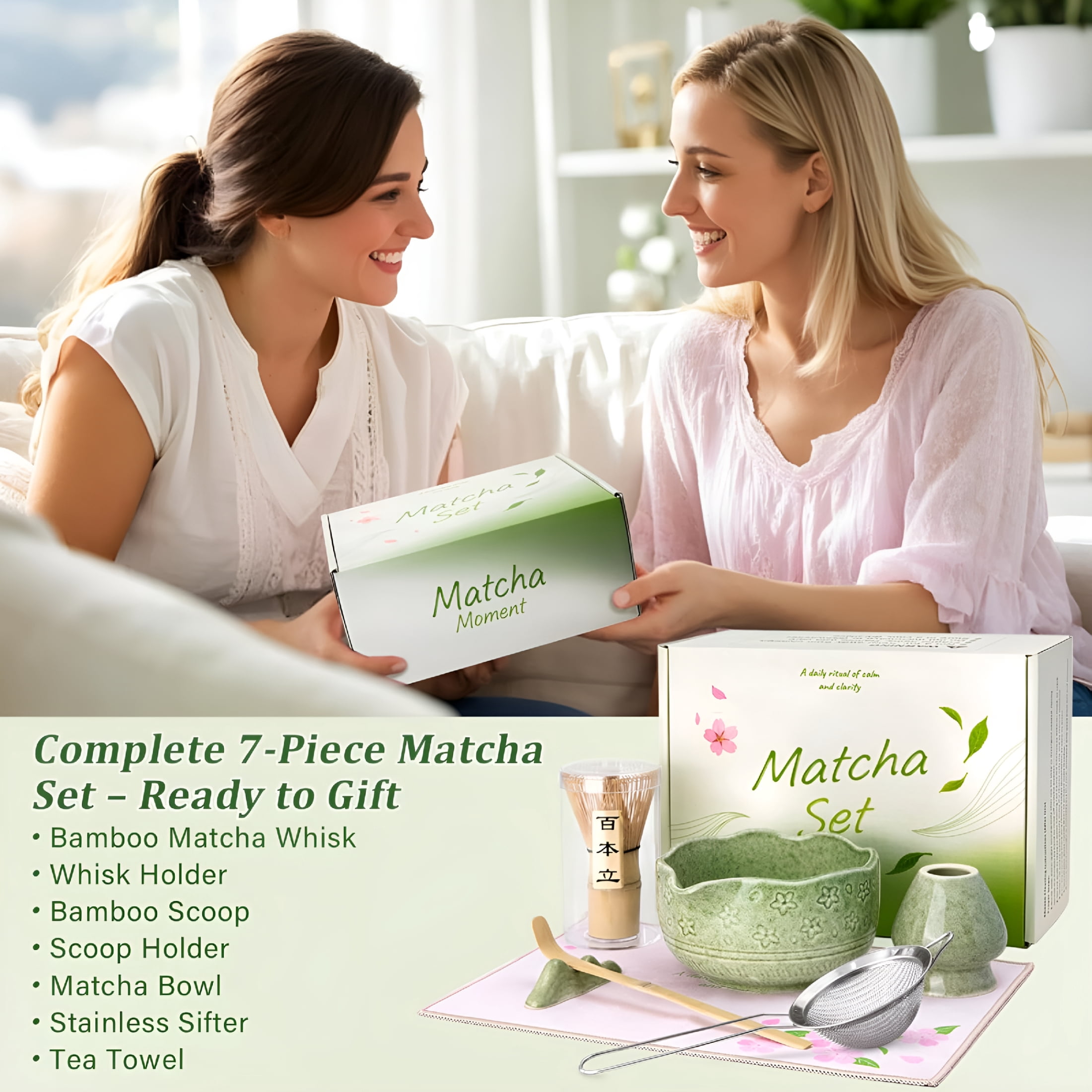 ACDANC Matcha Whisk Set-7 Pcs Ceramic Matcha Kit with 18Oz Spout Bowl&Cherry Blossom Design,Bamboo Whisk&Holder,Scoop,Rest,Sifter,Towel,Elegant Japanese Tea Gift Set