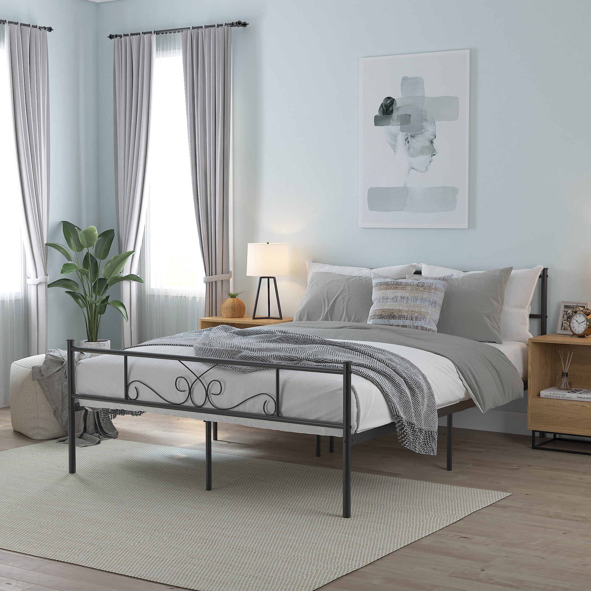 Yoneston Heavy Duty Queen Size Platform Bed Frame with Vintage Scroll Headboard & Footboard, Black