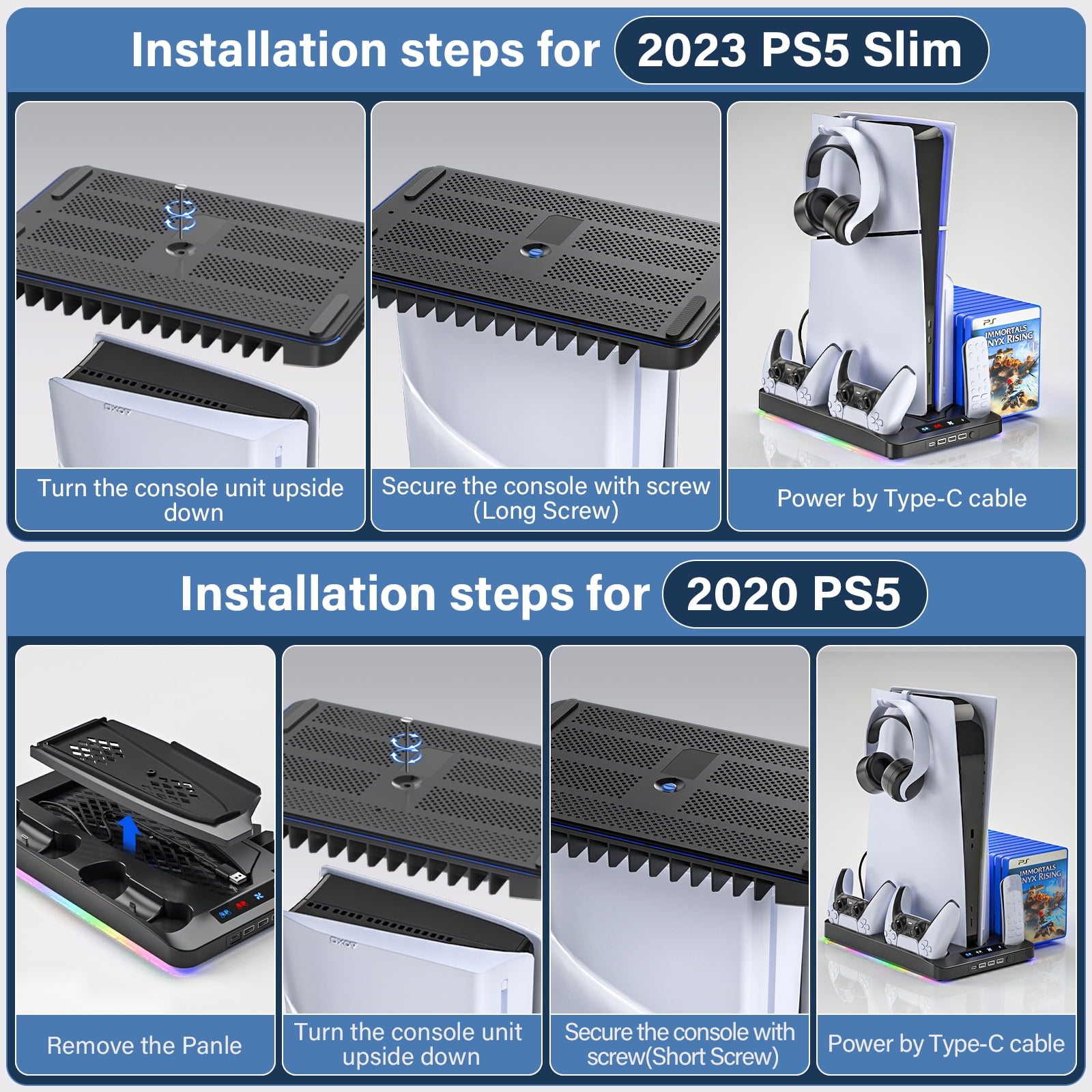 PS5 Stand with Cooling Fan,PS5/PS5 Slim Stand and Cooling Station with Dual Controller Charging Station for PlayStation 5 Console,Controller Charger, Cooling Fan, Headset Holder, 3 USB Hub, Black