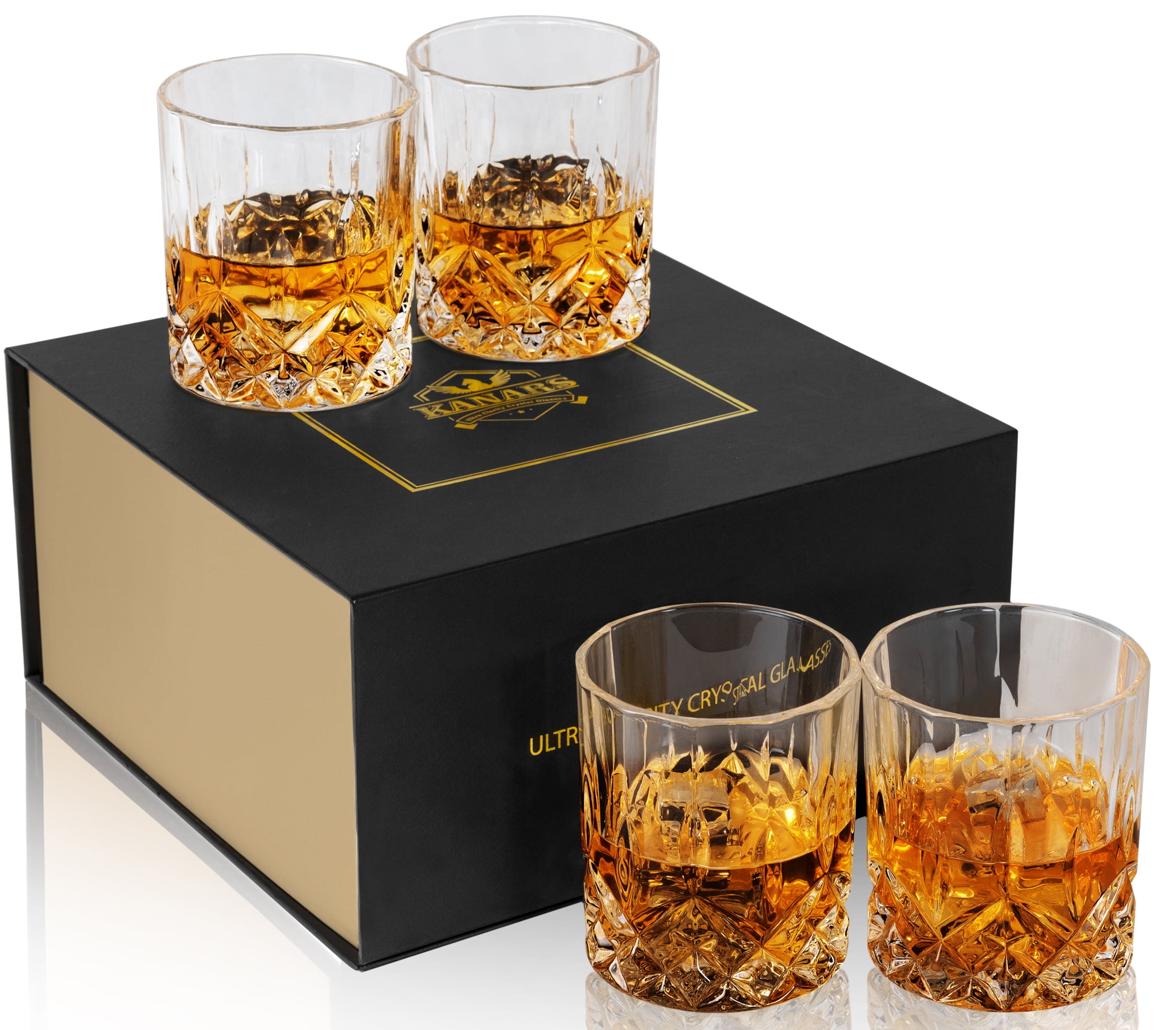 Vodka Crystal Whiskey Glass Set of 4 in Luxury Gift Box Liquor Rum Cognac 4 Rocks Whisky Tumblers for Drinking Scotch Cocktails Home Bar Glasses Gift Idea Bourbon Whiskey Glasses Gift Set