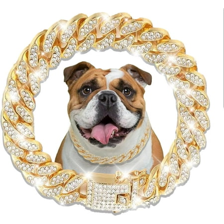 Cuban Link Dog Collar Gold Crystal Dog Necklace Metal Chain Collar with Design Secure Buckle Pet Collar Jewelry Accessories for Small Medium Large Dogs Cats(22inch)