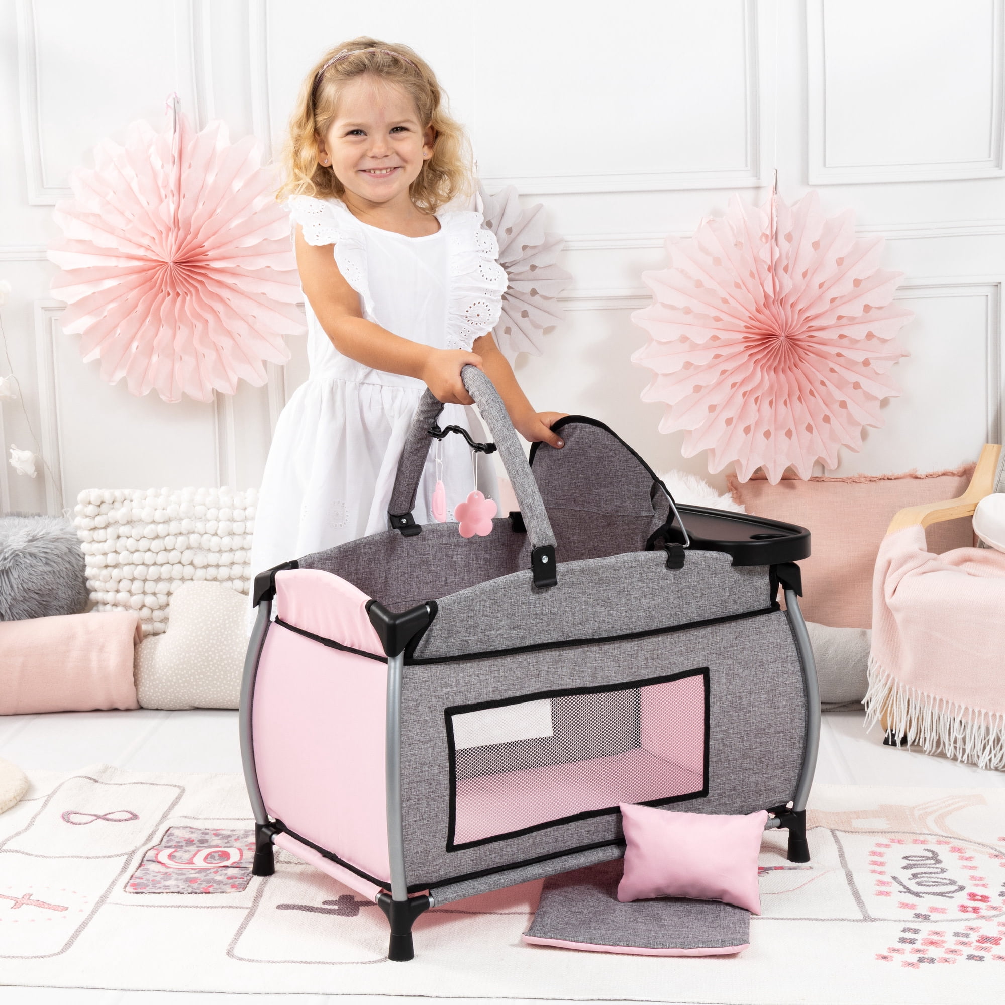 Bayer Design: Doll Multi-Bed - Grey-Pink-Butterfly - Sleep Playpen, Built-In Feeding Highchair, Pillow-Blanket, Care Center Fits 18" Dolls, Kids 3+