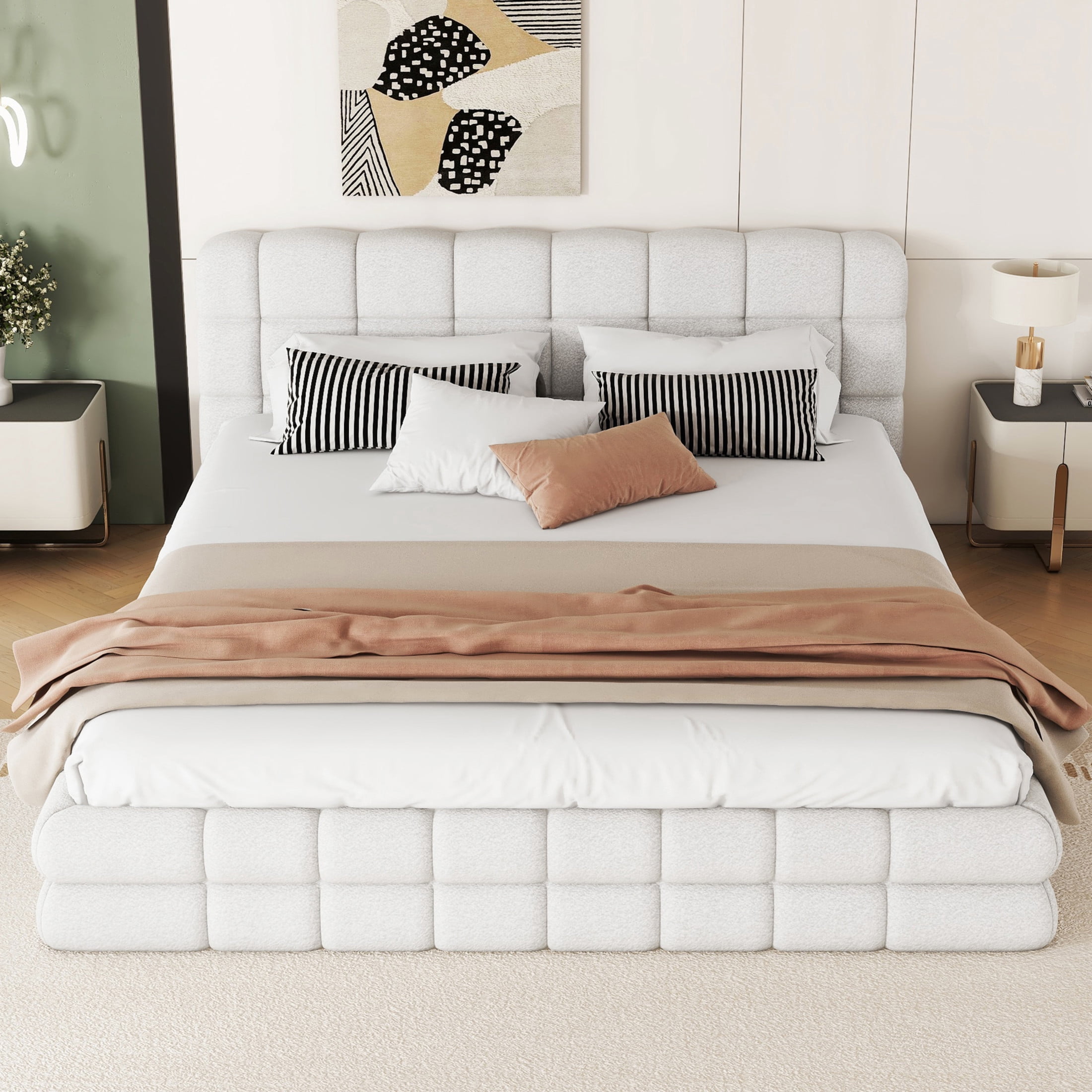 Noble House Queen Upholstered Platform Bed, Modern Velvet Headboard with Wood Slats Support, Bedroom Bed Frame, White