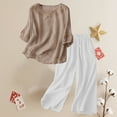 thumbnail image 3 of Women's Casual Embroidered Top and Cotton Linen Long Pants Two Piece Set, Summer Beach Vacation Outfit with High Waist Wide Leg Trousers and Side Pockets for Daily Wear Brown XXL, 3 of 7