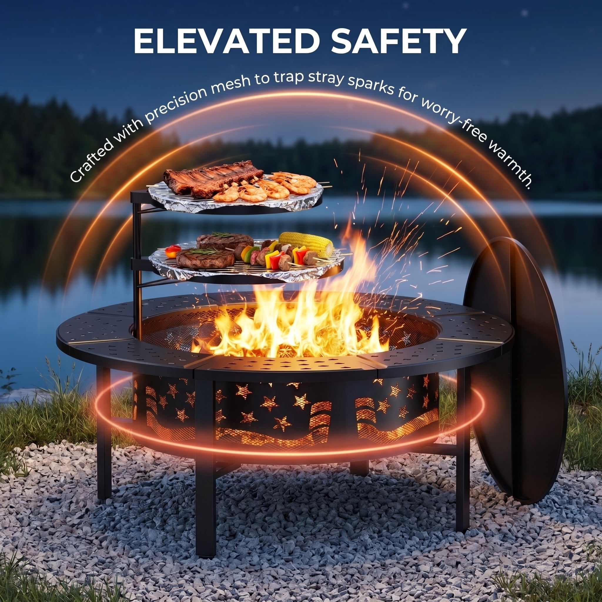 Prilinex 42" Fire Pit Outdoor with Poker, Large Round Fire Pits for Outside with 2 Adjustable Grills, Lid for Patio Backyard BBQ