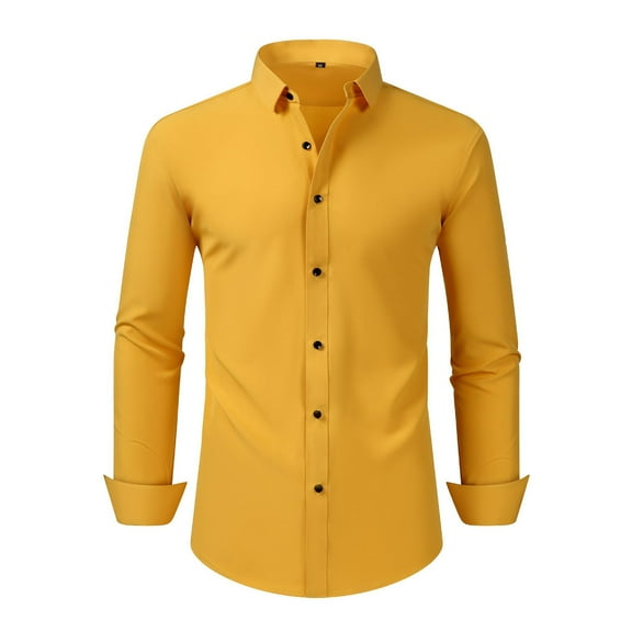 IYTR Mens Long Sleeve Button Down Shirts Business Casual Slim Lapel Dress Shirts Working Wear (Gold,XXL)