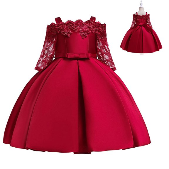 Girls Lace Dress Off Shoulder Flower Girls Princess Dress for Wedding Birthday Party