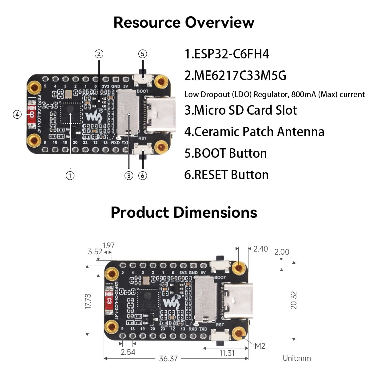 Waveshare ESP32-C6 Development Board with 1.47-Inch LCD Screen, RISC-V WiFi 6 & Bluetooth, 172x320 Resolution for AIoT/GUI/LVGL Applications