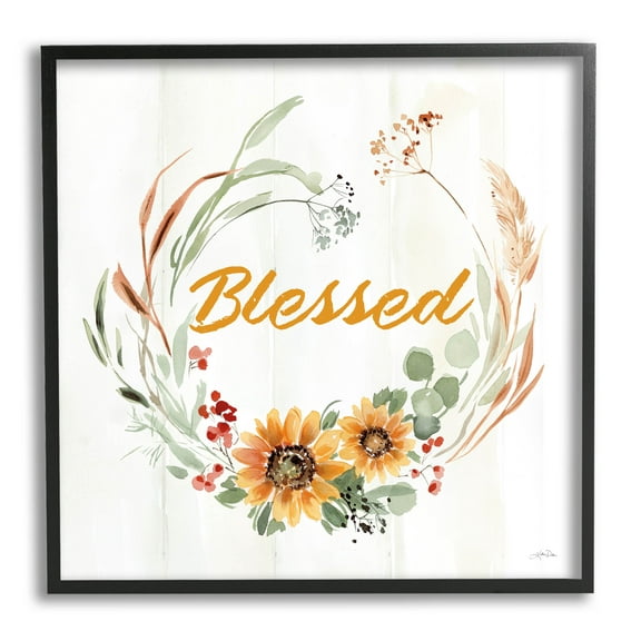 Stupell Industries Blessed Farmhouse Wreath Phrase Graphic Art Black Framed Art Print Wall Art, Design by Katrina Pete