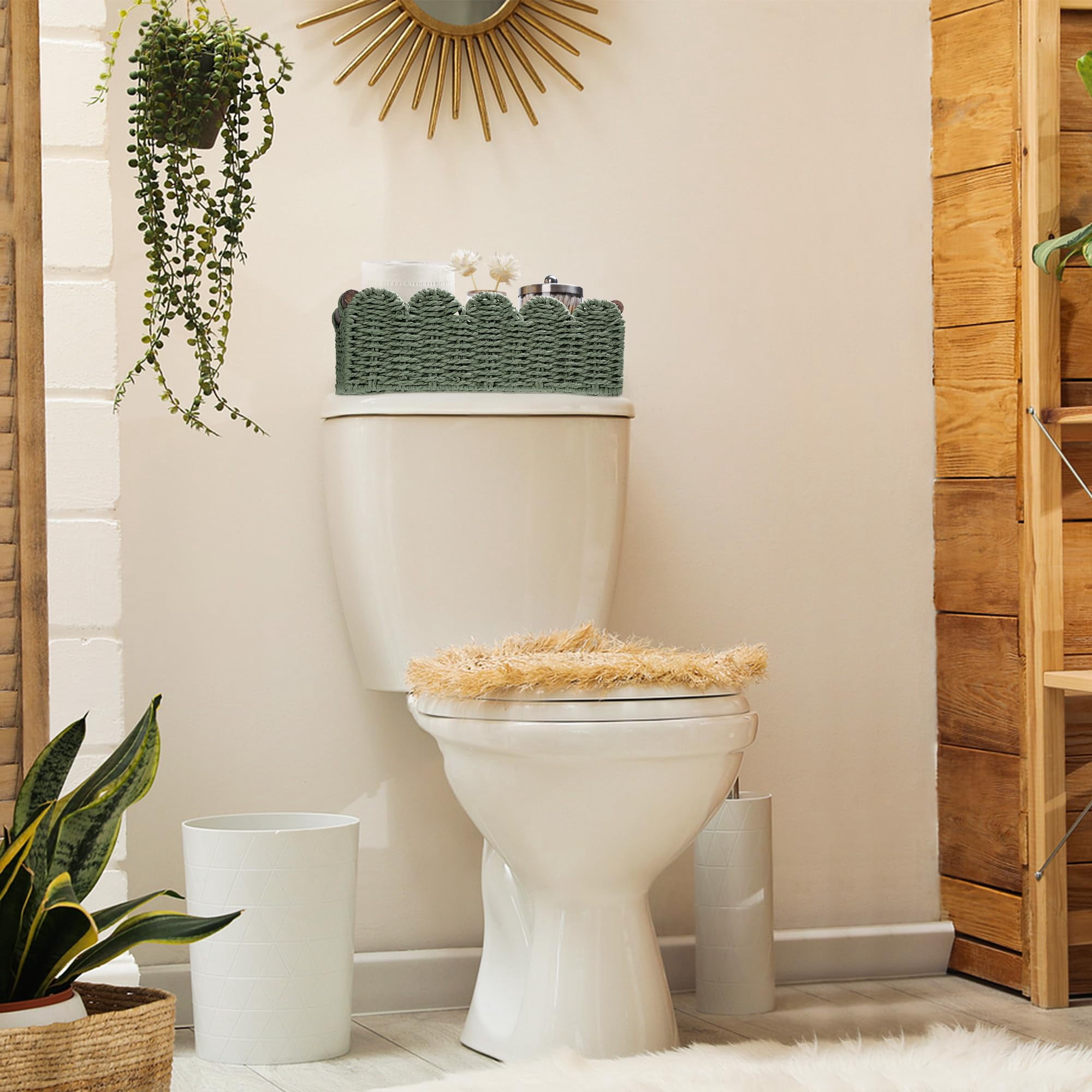 Green Wicker Storage Basket For Organizing Bathroom, Kitchen And Home Spaces